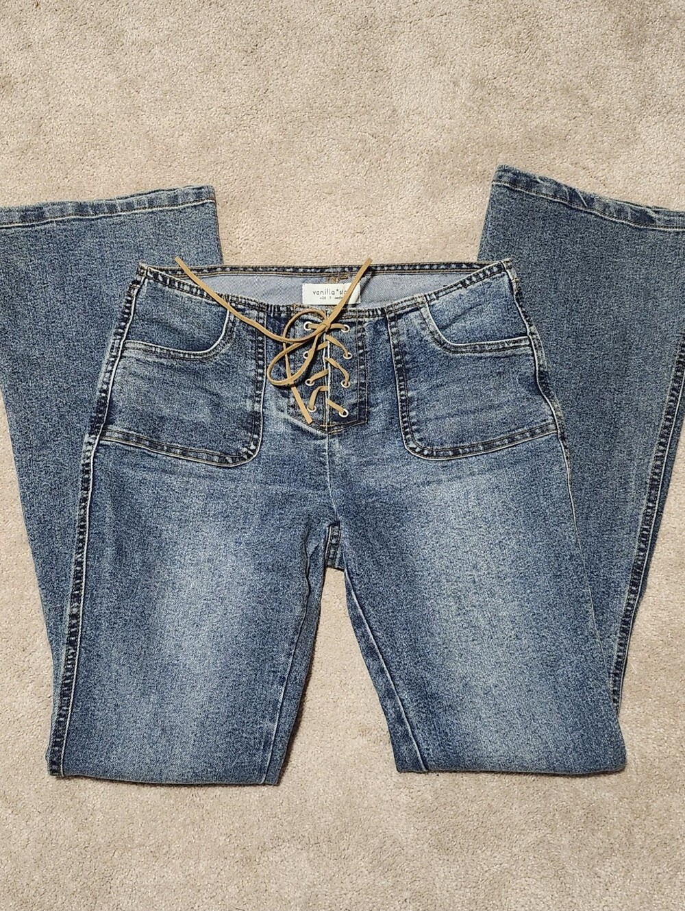 VANILLA STAR Jr. Size 7/28 Y2K Criss Cross Shoestring Tie Fly Flare Jeans